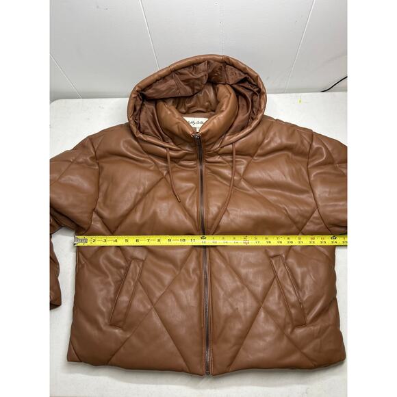 SEBBY Collection Faux Leather Short Puffer Jacket In Toffee - Picture 4 of 6